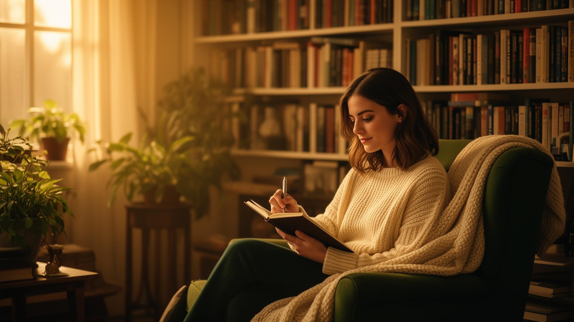 Woman journaling in golden morning light