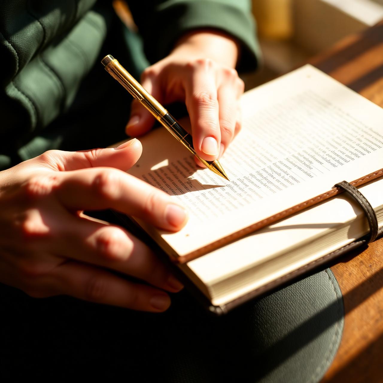 Hands writing in a leather journal with a gold pen